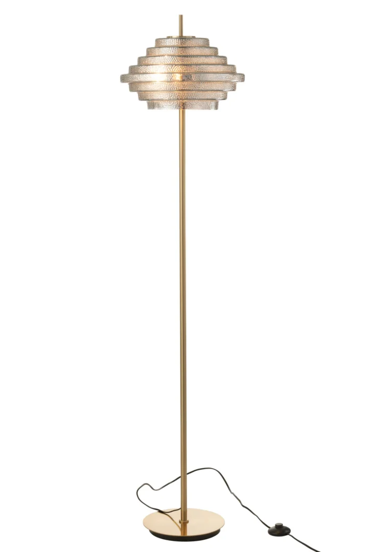 Lamp Slaaly Goud: slanke LED-vloerlamp van goudkleurig metaal en glas met ronde voet en snoerschakelaar