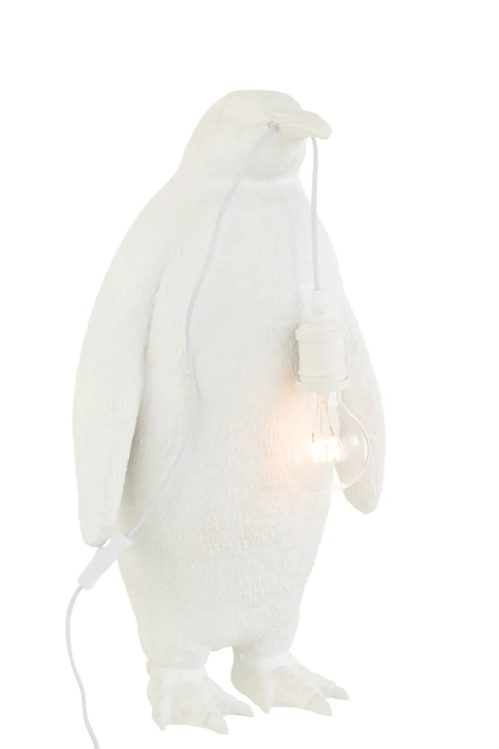 Witte Tafellamp Sterio van polyresin in pinguïnvorm, 59 cm hoog met E27 fitting en lichtbron zichtbaar