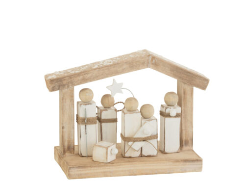 Woonaccessoire Hunsol Albizia naturel met kerststalfiguren in een houten huisje, compact en rustiek ontwerp
