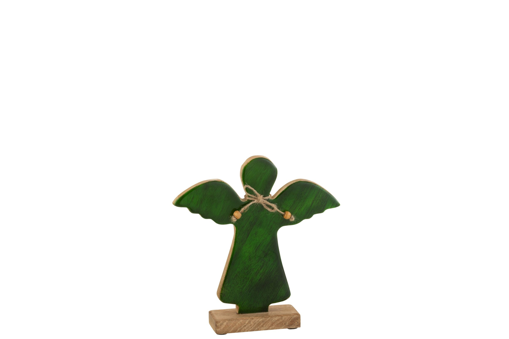 Groene decoratiefiguur Lindond engel op voet van mangohout met natuurlijke afwerking