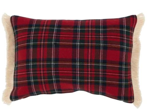 Kussen Skoollir Meerkleurig 45x30 cm met rood ruitpatroon en franjes, compact sierkussen voor extra sfeer