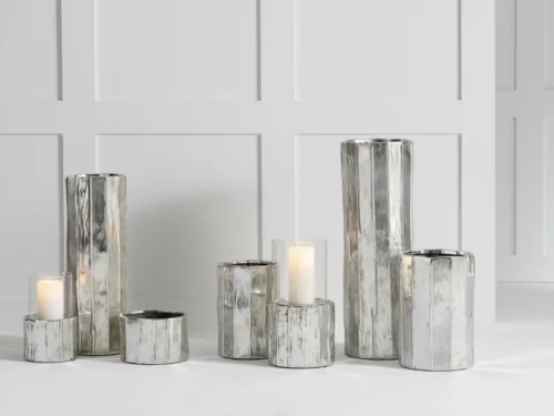 Zilverkleurige Beirello bloempot van klei met glazuur, compact en stevig, H30 cm, voor stijlvol interieur