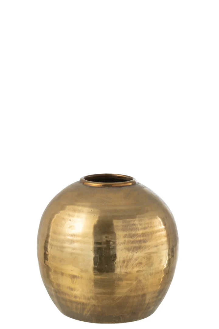 Vaas Raadura Klei Goud H28 cm, ronde gouden vaas met glanzende metalen afwerking en brede hals