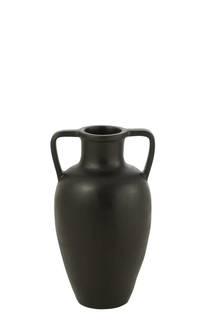 Zwarte terracotta vaas Preibea met tweearmige vorm, 48 cm hoog, stoer en stijlvol voor elke ruimte