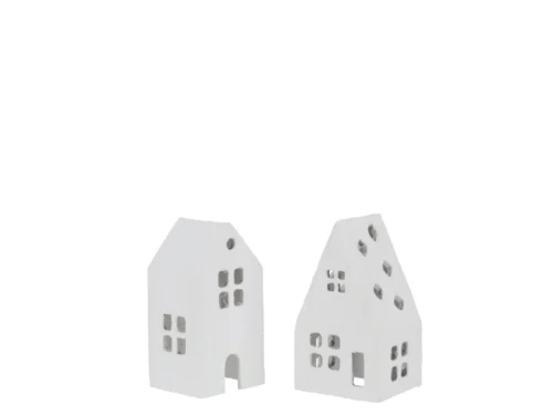 Decoratie Zeellaro katoen wit set van 2 huisvormige decoraties met speelse raampjes