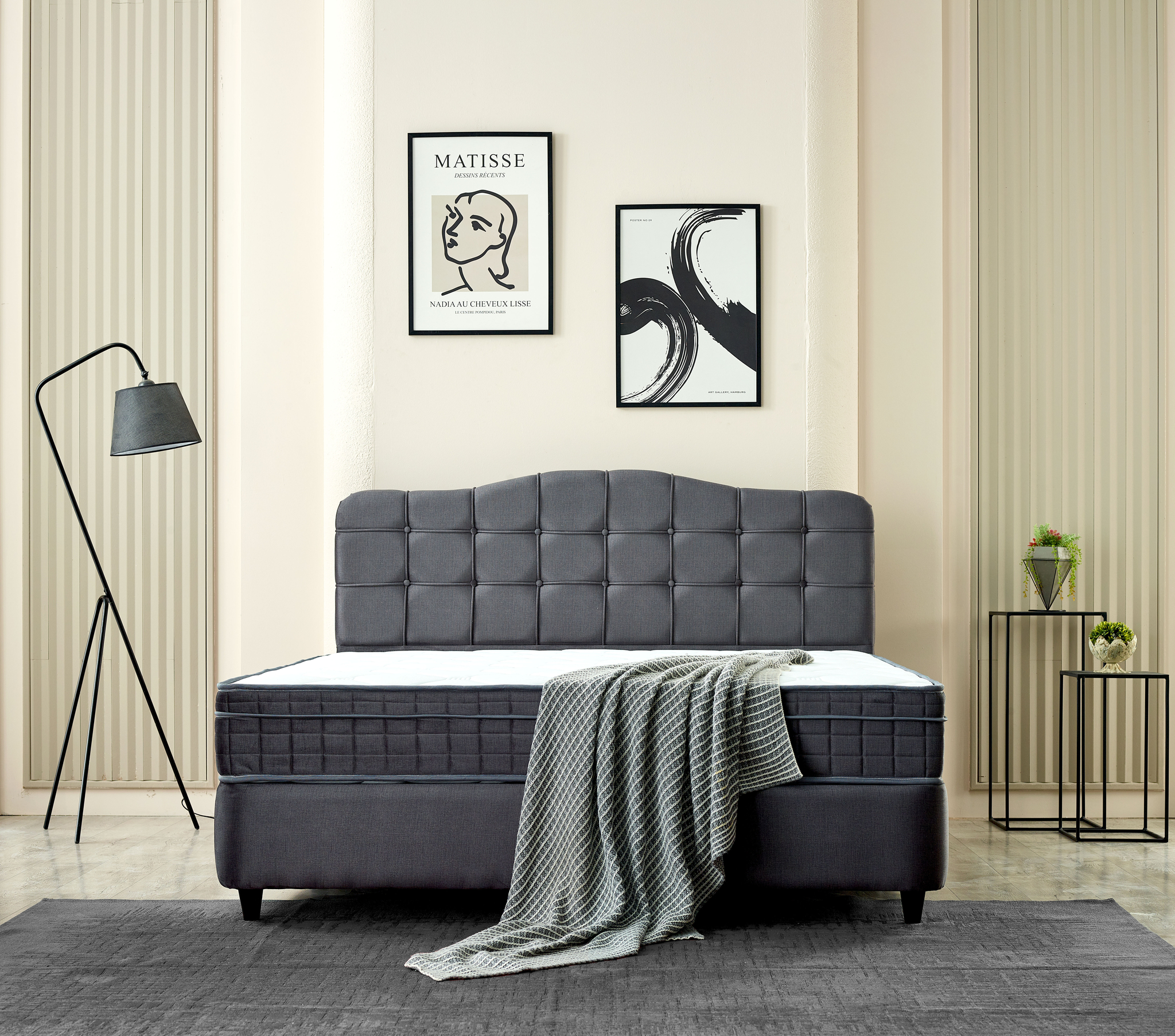Boxspring Jarle Antraciet 160x200 met gestoffeerd hoofdbord, matras en opbergruimte in elegante slaapkamerstijl