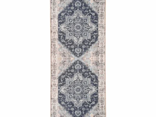 Blauwe Skaltena loper 200x80 cm met klassiek patroon en zachte chenille look voor hal of gang