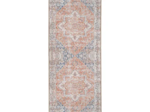 Loper Helene Blauw 200 x 80 cm met oranje vintage dessin en zachte chenille uitstraling