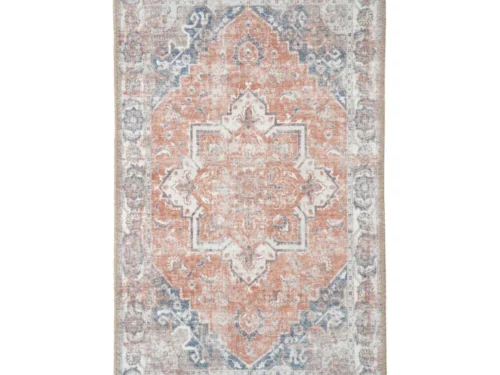 Deurmat Meenund blauw 80x50 cm met vintage patroon in oranje en blauw, chenille polyester en slijtvaste afwerking