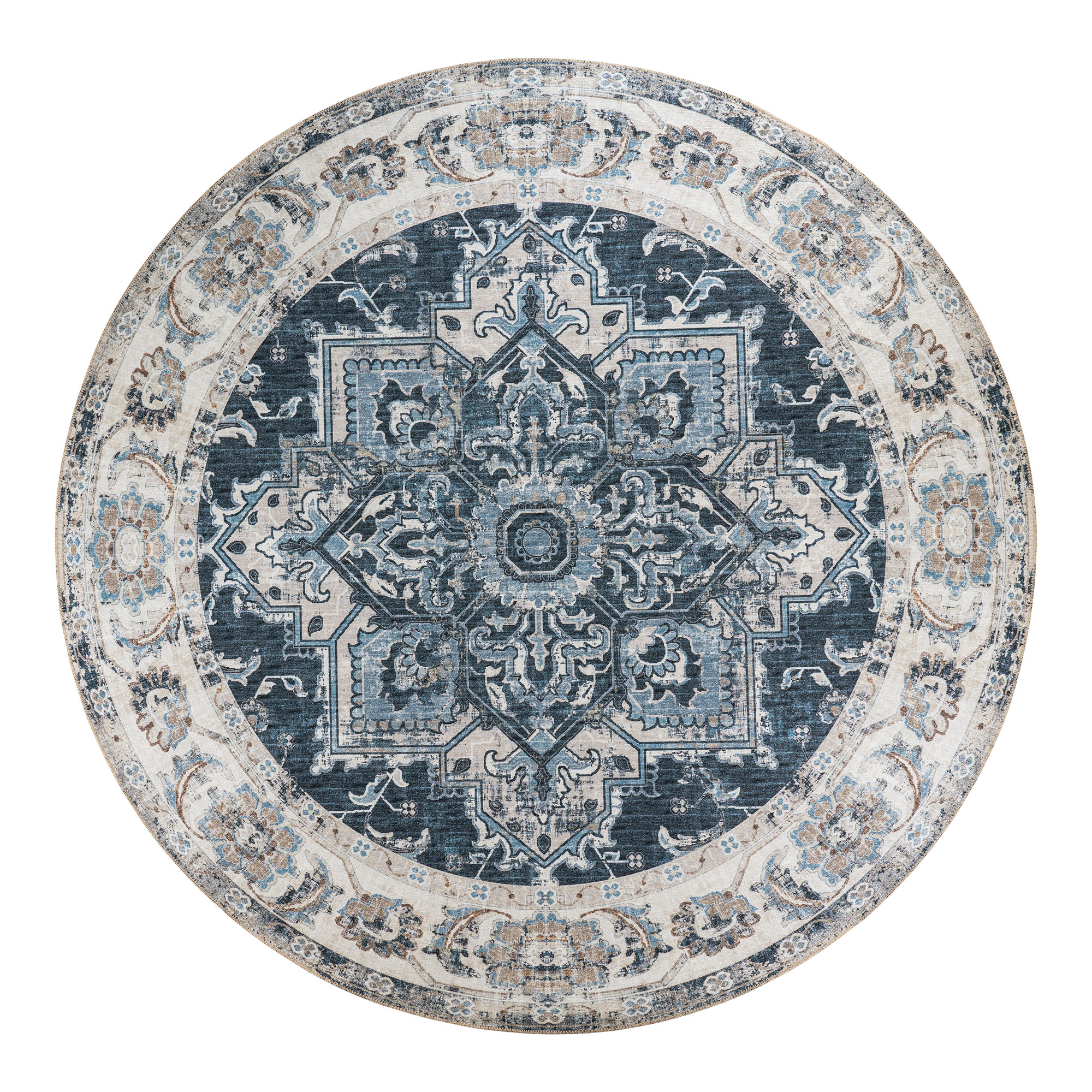 Rond Prootun vloerkleed blauw Ø200 cm met sierlijk vintage patroon en zachte chenille structuur