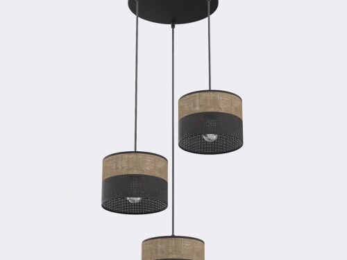 Hanglamp Flestol zwart Ø20 cm met drie verstelbare bruine stoffen kappen en zwart gepoedercoat staal