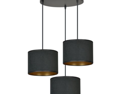 Hanglamp Jeistas Zwart Ø20 cm met drie zwarte stoffen kappen en goudkleurige binnenzijde, modern design