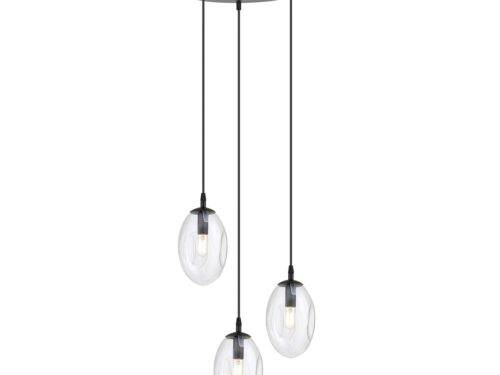 Hanglamp Doollano Zwart Ø12 cm met drie transparante glazen kappen en verstelbare snoeren