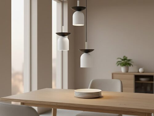 Hanglamp Haukella Wit boven de eettafel, wit met gepoedercoat staal en verstelbare hoogte in Scandinavische stijl