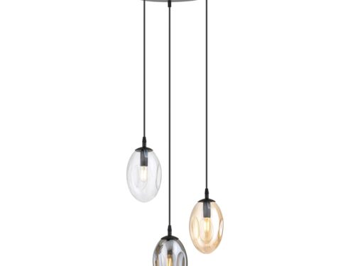Hanglamp Saarme zwart Ø12 cm met drie glazen kappen in transparant, grafiet en amber, verstelbare hoogte