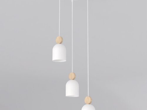 Hanglamp Dosine Wit met 3 pendels, wit staal en houtaccenten in Scandinavische stijl