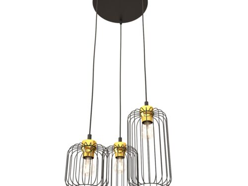 Hanglamp Prolvil zwart Ø16 cm met 3 lichteffecten, industriële stalen kooitjes en goudaccenten