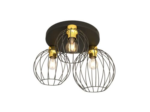 Plafondlamp Ressis zwart Ø24 cm met 3 E27-fittingen, goudkleurige accenten en industrieel draadframe