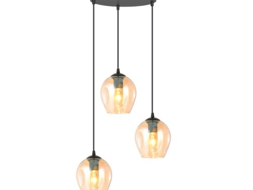 Hanglamp Votund Zwart Ø14 cm met amberglas en drie pendels, moderne verlichting met sfeervolle uitstraling