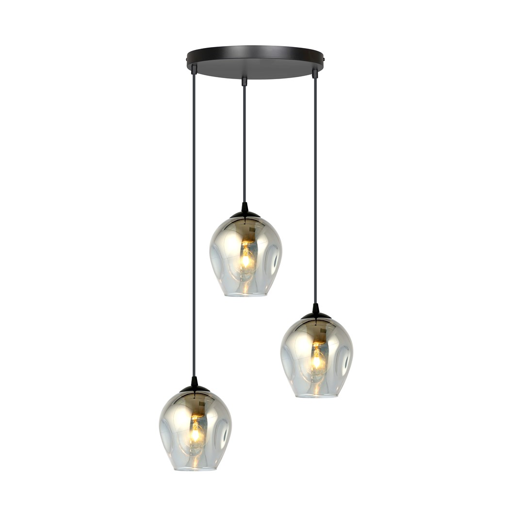 Zwarte Hanglamp Naunnos Ø14 cm met drie grafietkleurige glazen kappen en verstelbare snoeren