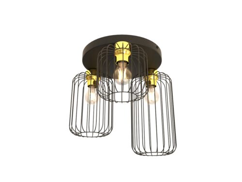 Plafondlamp Daudan zwart Ø16 cm met 3 E27-fittingen en draadkappen in zwart en goud