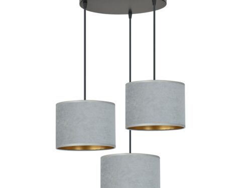 Hanglamp Lostio Zwart Ø20 cm met drie grijze stoffen kappen en verstelbare hoogte, minimalistisch design