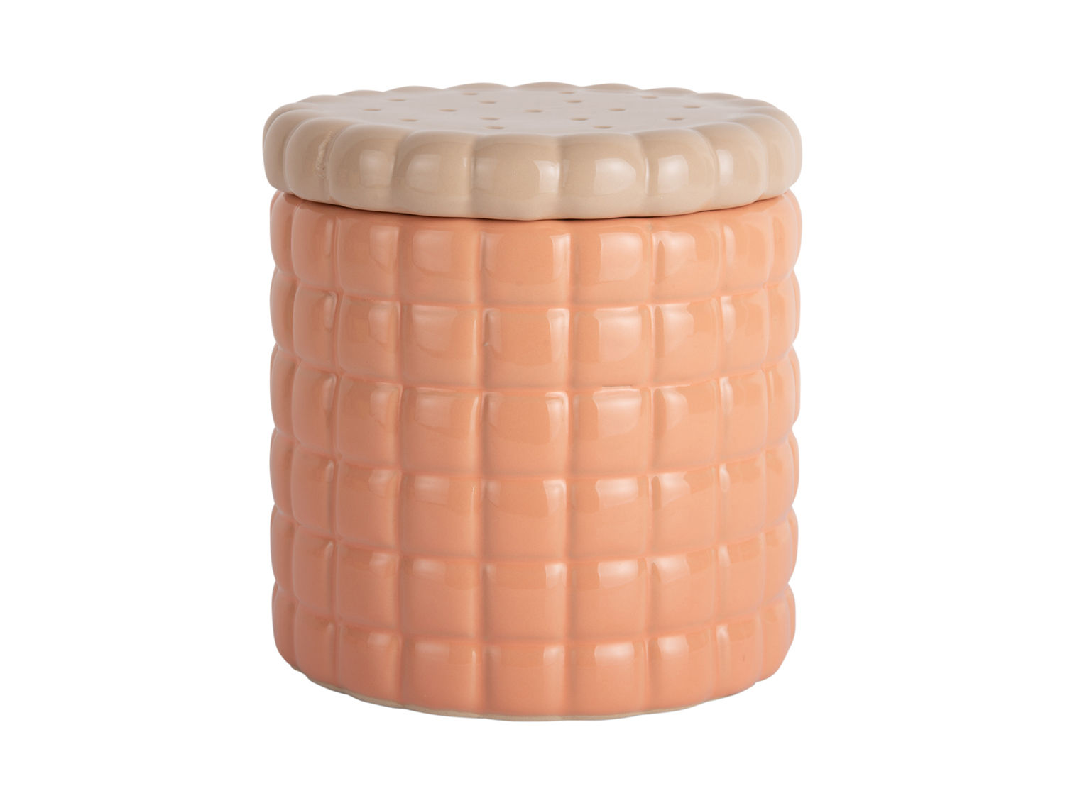 Voorraadpot Brokis Oranje, keramische cookie drum met luchtdichte deksel in zachte oranje tint en gestreept reliëf