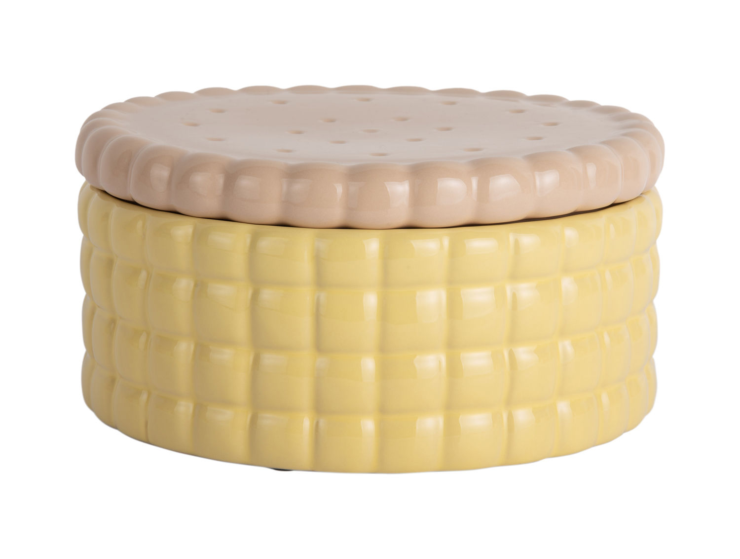 Voorraadpot Tauso zacht geel met beige deksel, biscuitvormige voorraadpot voor koekjes en opbergen