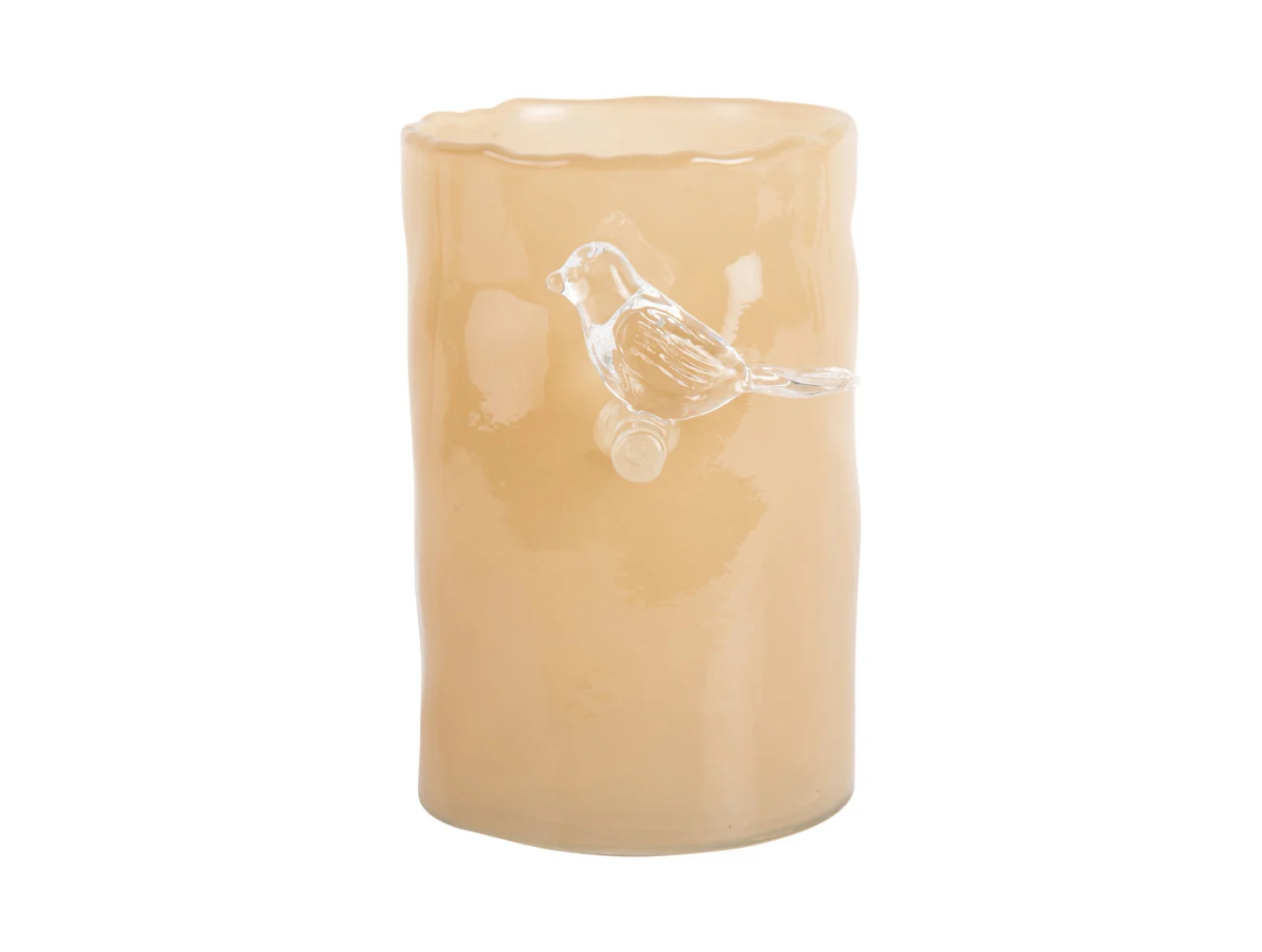 Vaas Piennor zacht geel met milky finish en vogel op tak-detail, compact Ø10 cm
