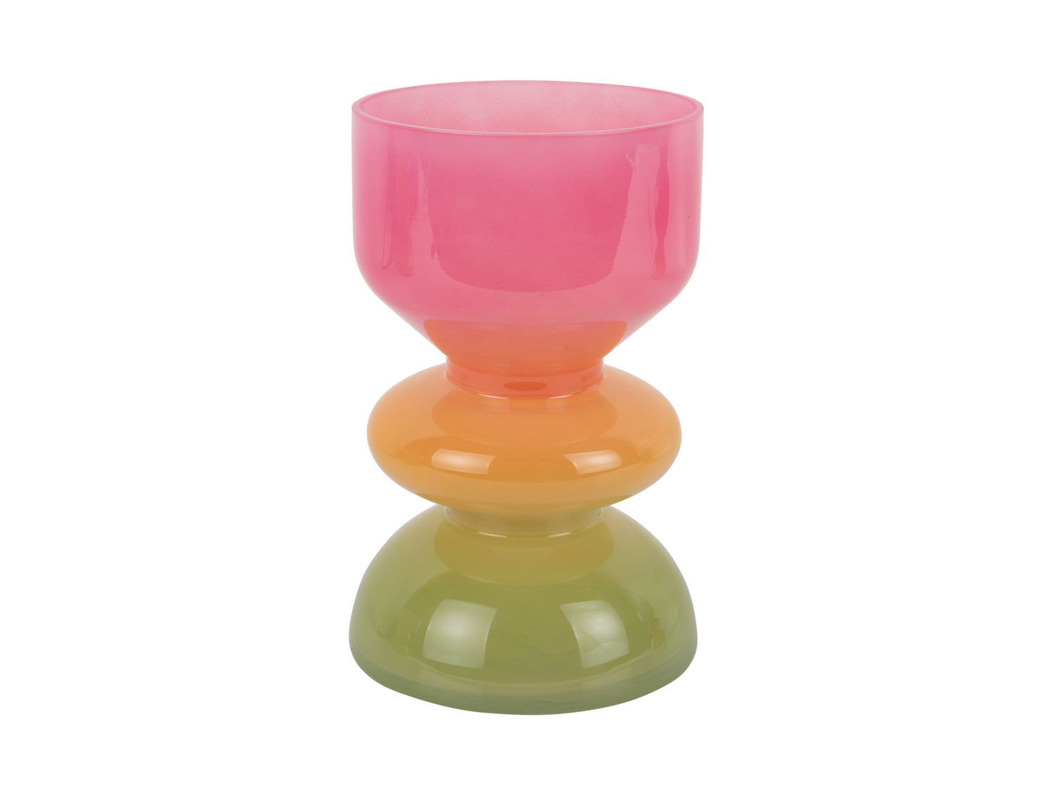Jaurmio meerkleurige glazen vaas met roze, oranje en groene lagen, speels compact design