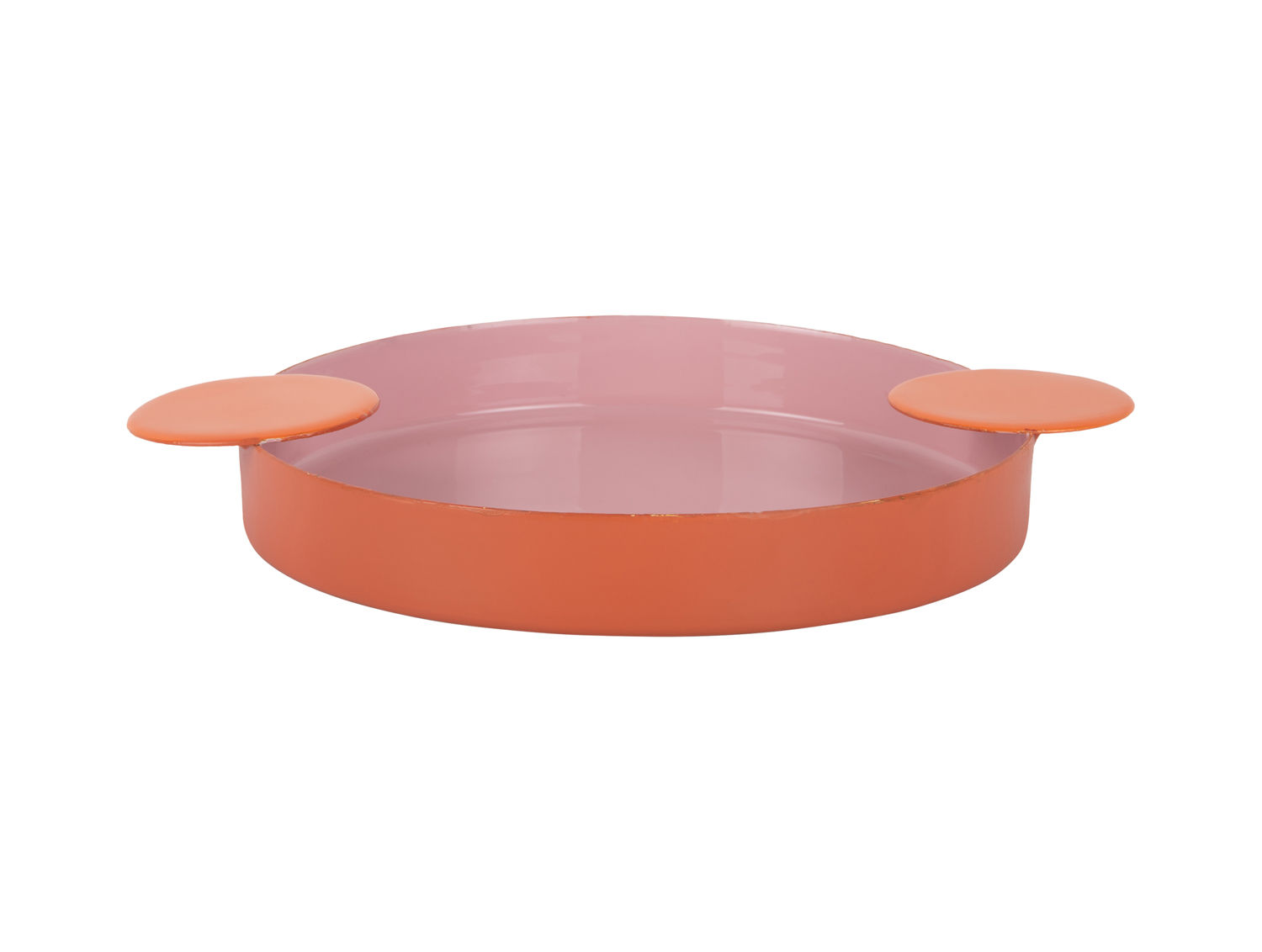 Dienblad Kleeskane zacht roze met oranje handgrepen en speels rond design