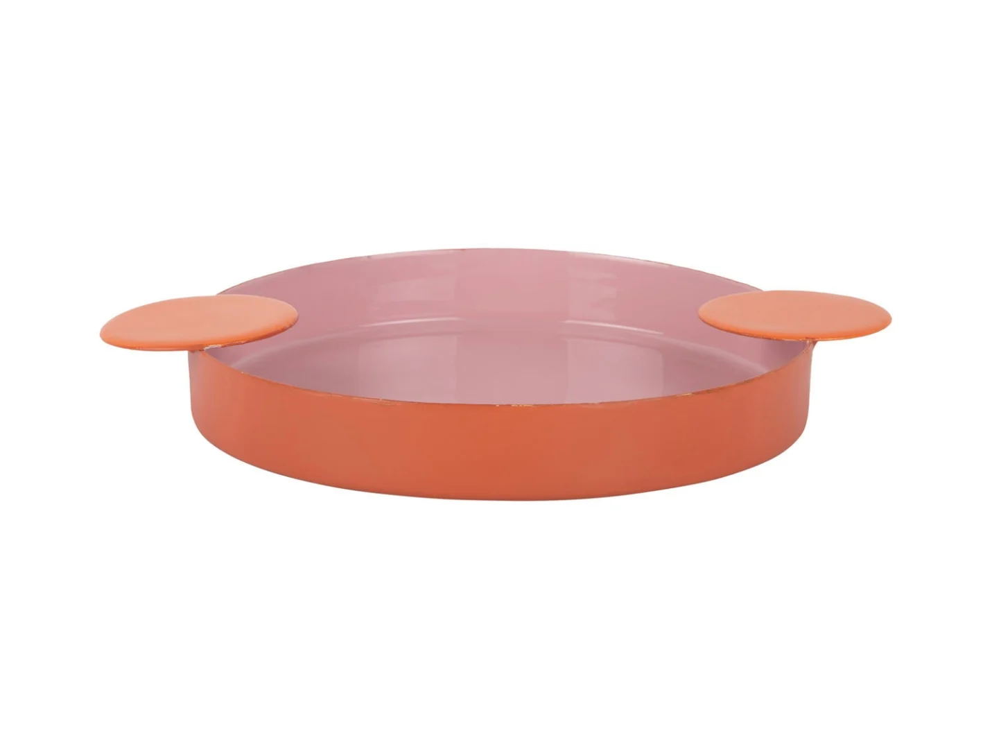 Dienblad Kleeskane zacht roze met oranje handgrepen en speels rond design