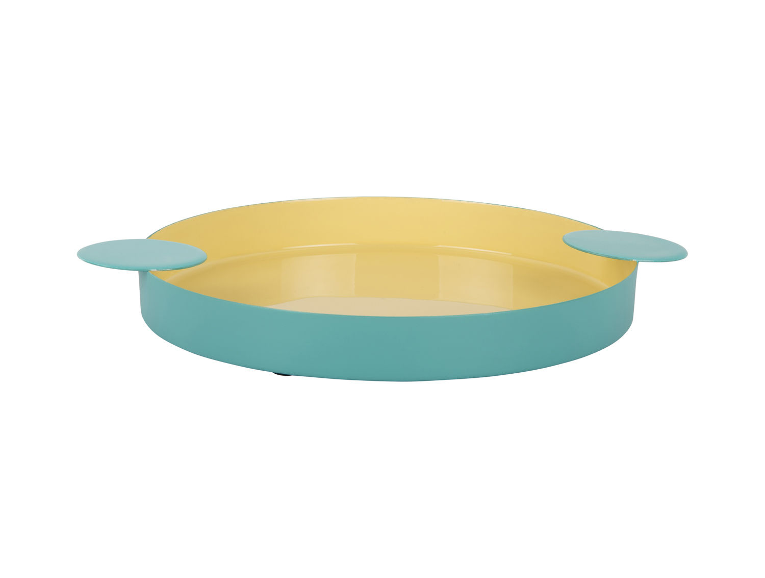 Dienblad Raasora zacht geel met turquoise handgrepen, rond tray model voor serveren en decoratie