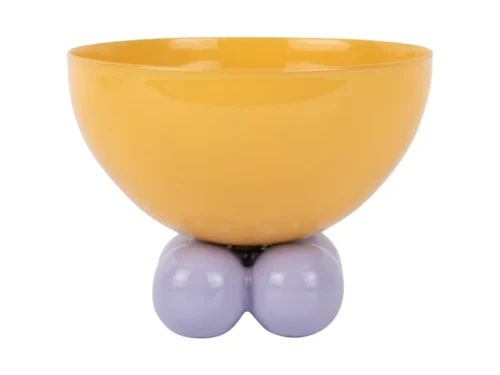 Schaal Feimos helder geel met speelse paarse voet, compacte decoratieve woonaccessoire