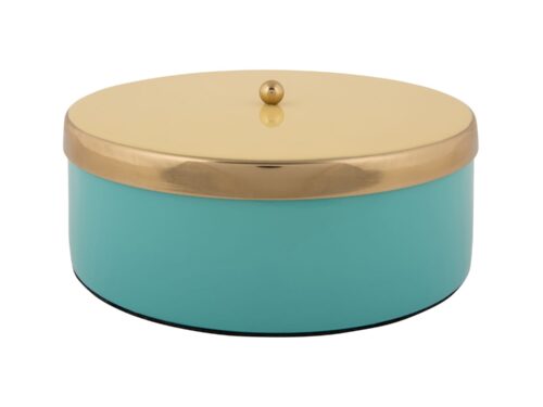 Stirdos opbergdoos zacht geel met turquoise body en goudkleurig deksel, modern en speels design