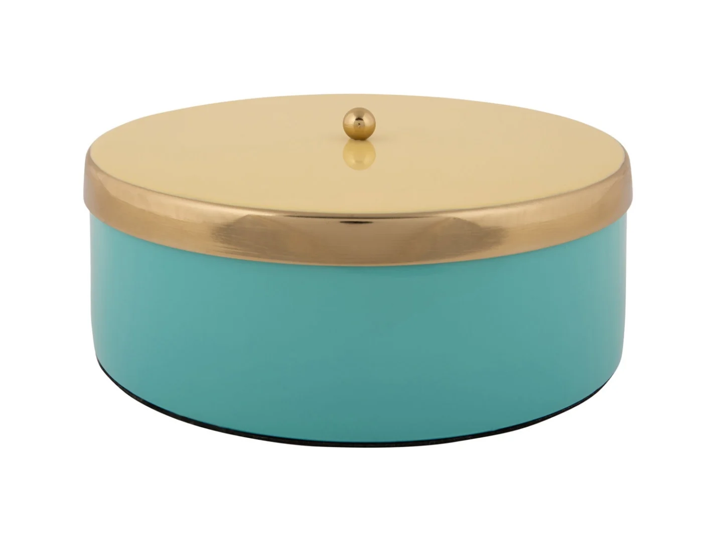 Stirdos opbergdoos zacht geel met turquoise body en goudkleurig deksel, modern en speels design