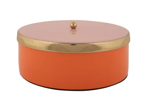 Opbergdoos Brerand helder oranje met roze deksel en gouden rand, ronde opbergdoos voor woonaccessoires