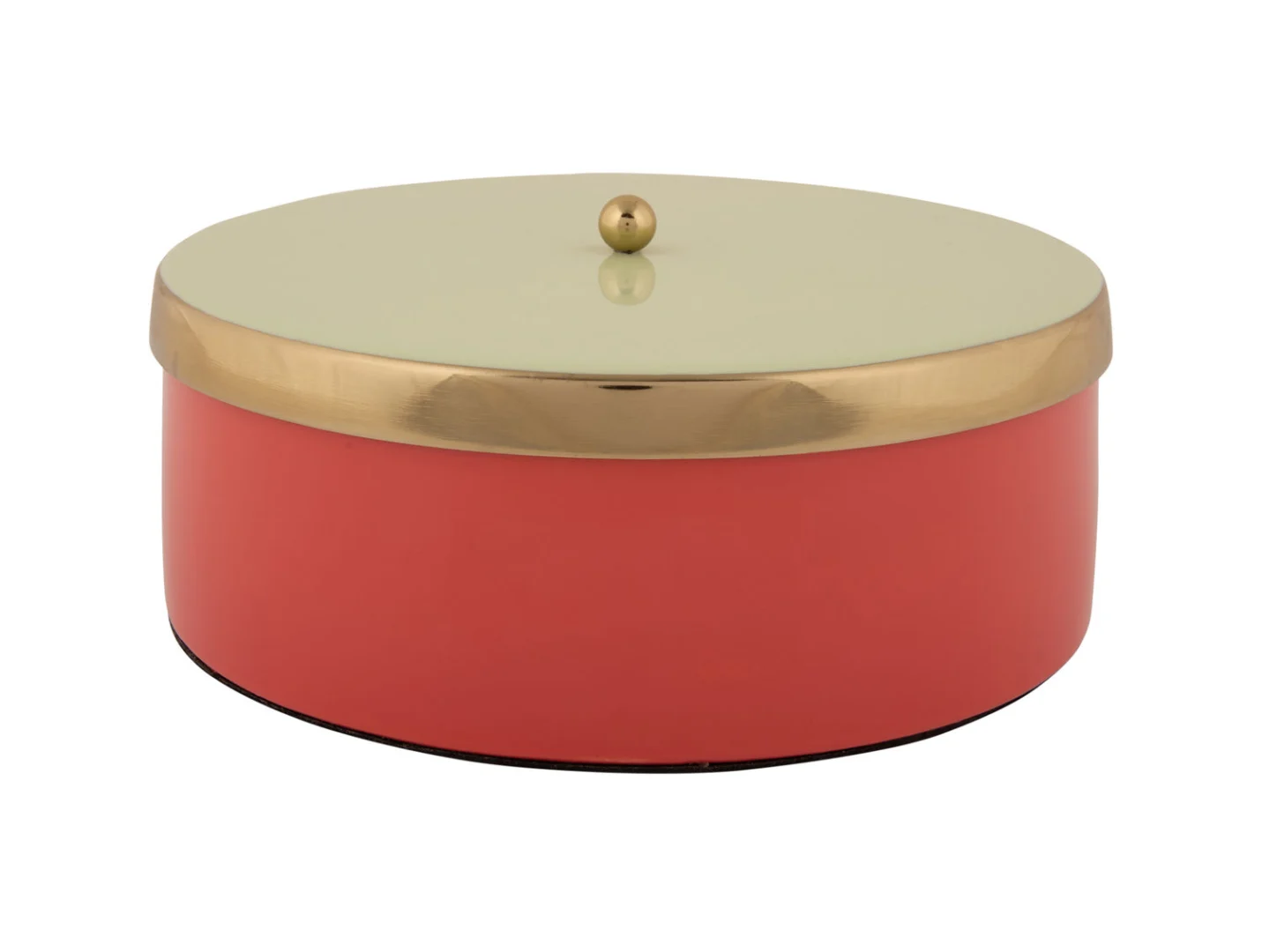 Opbergdoos Voonse zacht groen met goudkleurige rand en knop, compact rond design in speelse moderne stijl