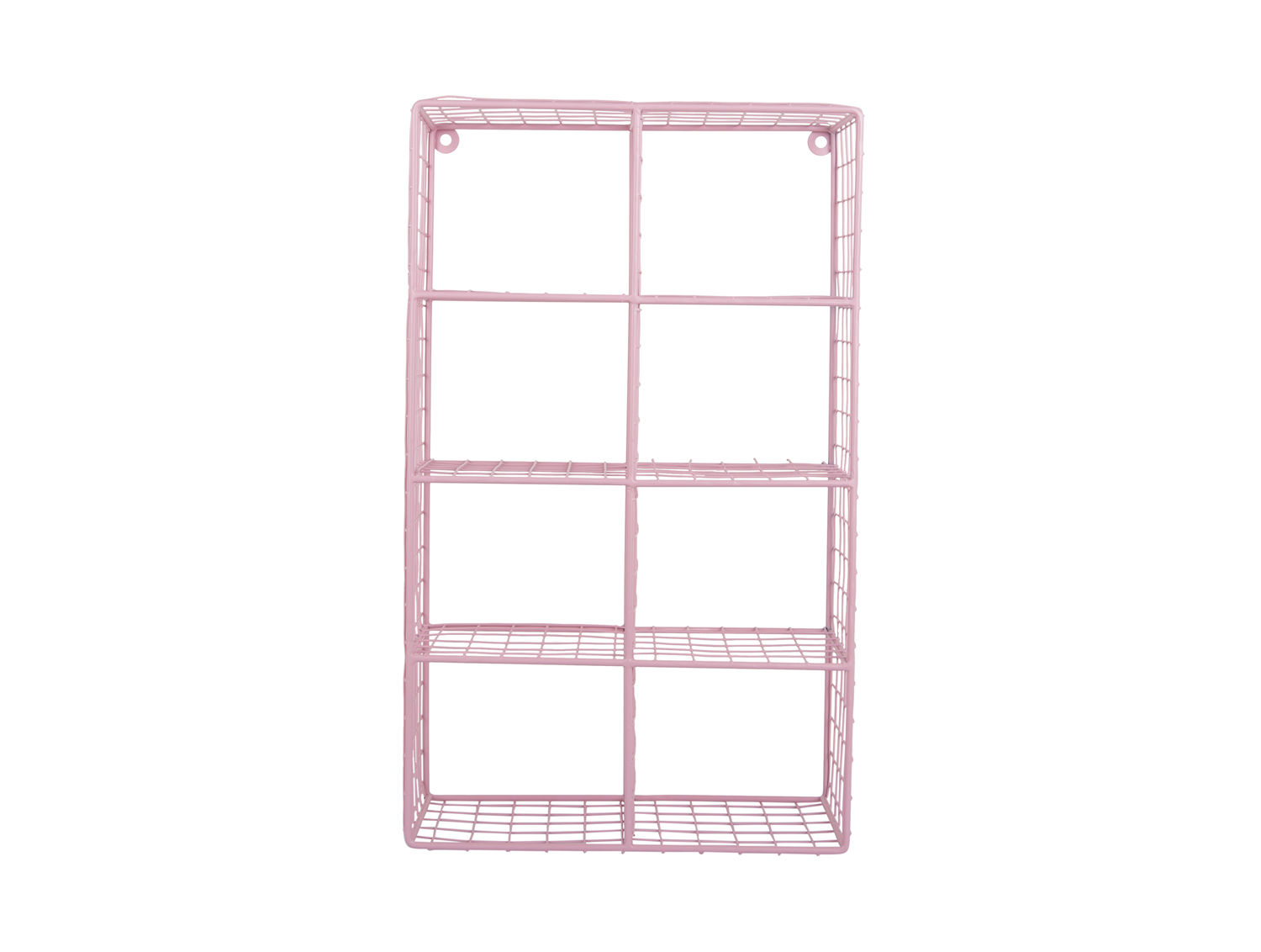 Wandrek Peilvel zacht roze 30 cm, draadmetaal, compact rechthoekig rek met 8 vakken voor wanddecoratie