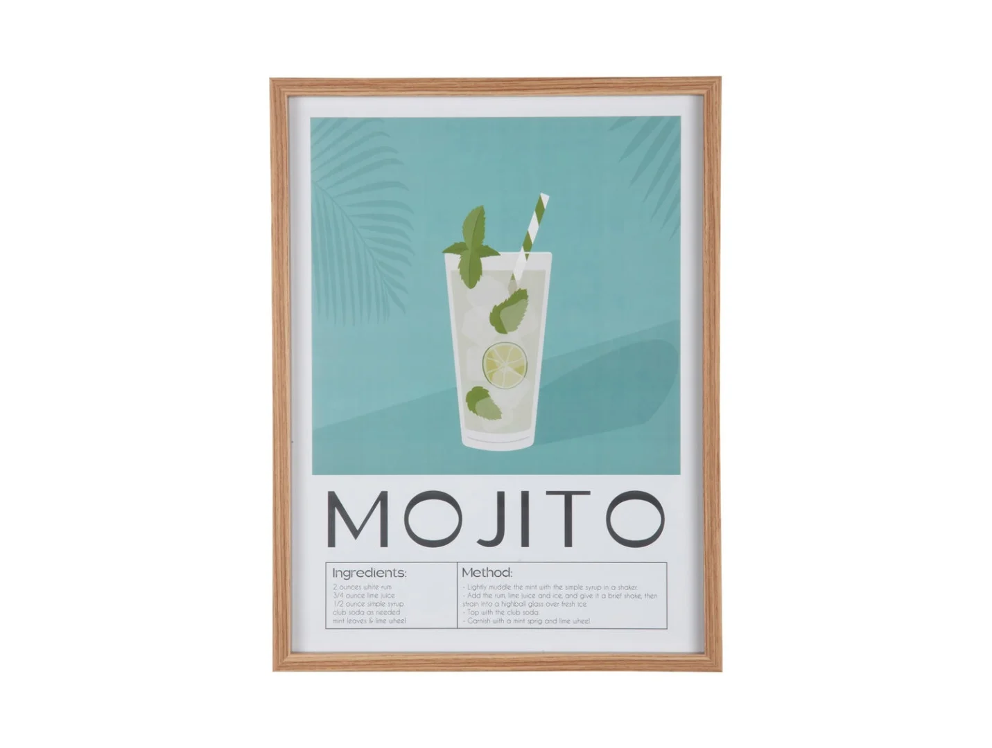 Wanddecoratie Jiekoro Groen met mojito-poster en cocktailrecept in houten lijst