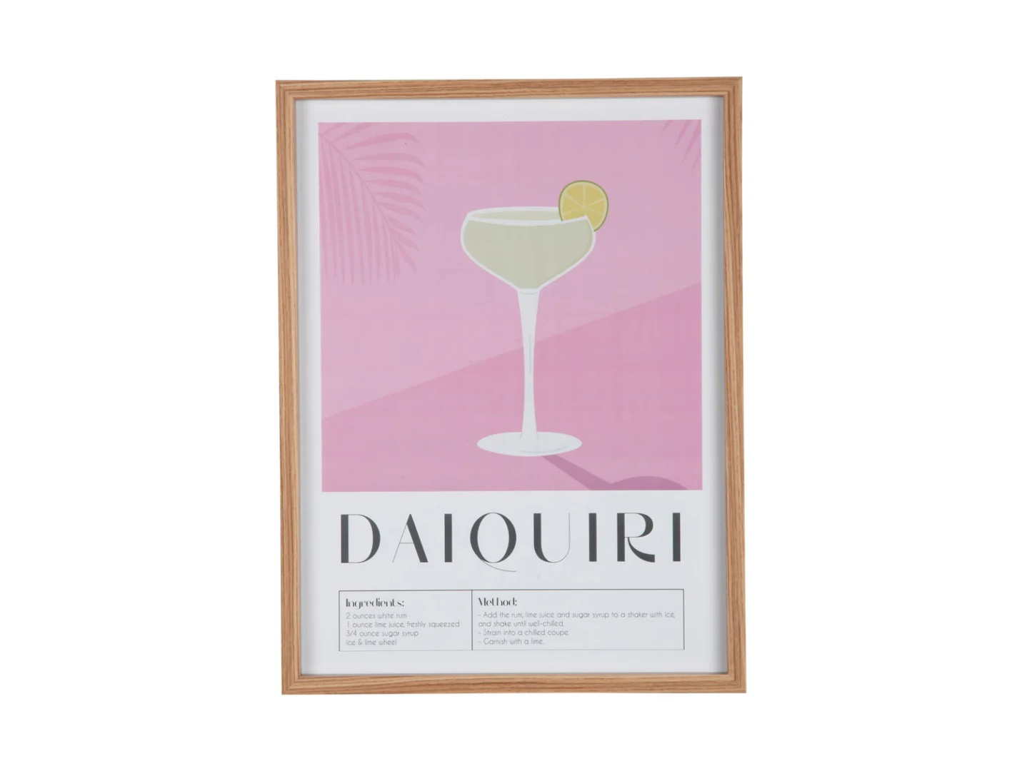 Wanddecoratie Skalven zacht roze met daiquiri cocktailprint en houten lijst, speels en decoratief