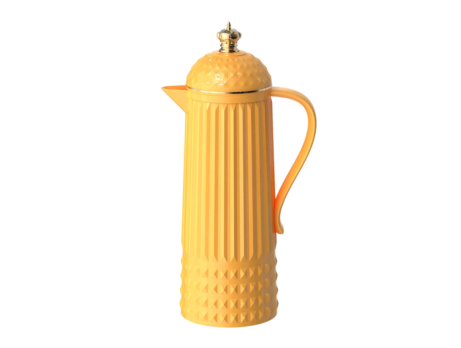 Woonaccessoire Pussero heldergele thermosfles met gouden kroon en slank, geribbeld design