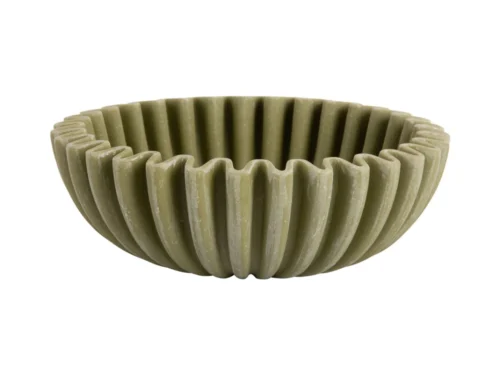 Schaal Raassu polyresin donkergroen met geribbelde vorm, decoratief woonaccessoire voor fruit of snacks