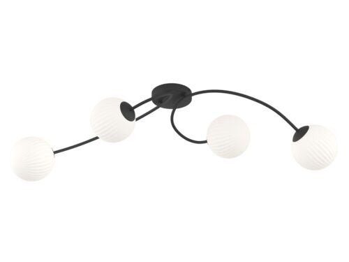 Plafondlamp Gistos zwart Ø15 cm met vier witte glazen kappen en modern gebogen ontwerp