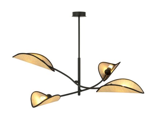 Plafondlamp Heilla Zwart Ø12 cm met 4 lichtpunten en bruine rotan kappen in boho stijl