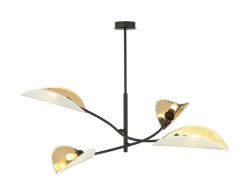 Plafondlamp Trirmon zwart Ø12 cm met 4 witte en gouden stoffen kappen, moderne sfeerverlichting