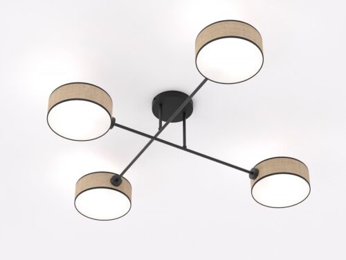 Plafondlamp Rhea Bruin Ø20 cm met vier lichtpunten, moderne zwarte arm en warme beige kapjes