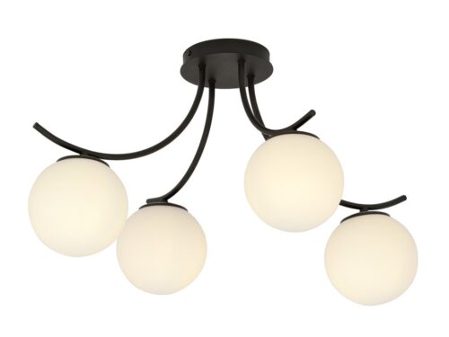 Plafondlamp Kloldano zwart Ø15 cm met 4 witte glazen kappen en moderne zwarte stalen basis