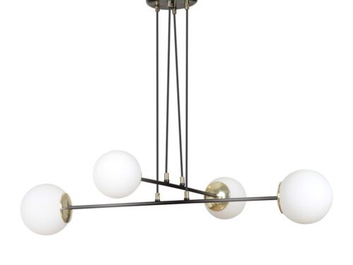 Hanglamp Haultik zwart met 4 witte glazen bollen, verstelbaar en elegant design