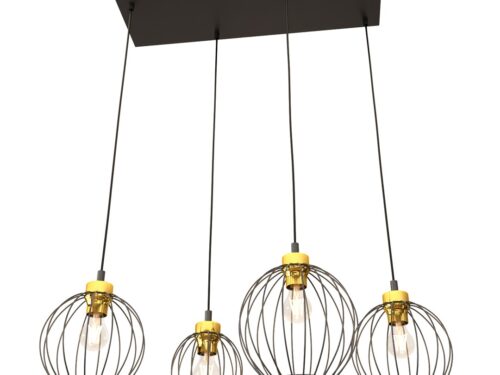Hanglamp Stoolel Zwart Ø24 cm met 4 gouden draadkappen en verstelbare snoeren
